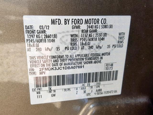 2FMDK3JC1DBA07691 - 2013 FORD EDGE SEL GRAY photo 10