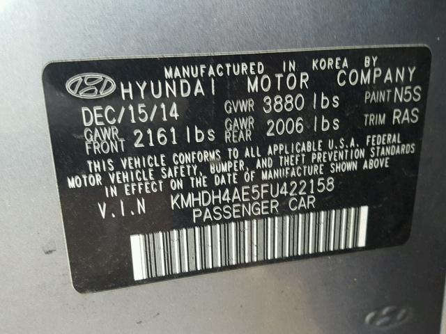 KMHDH4AE5FU422158 - 2015 HYUNDAI ELANTRA SE GRAY photo 10