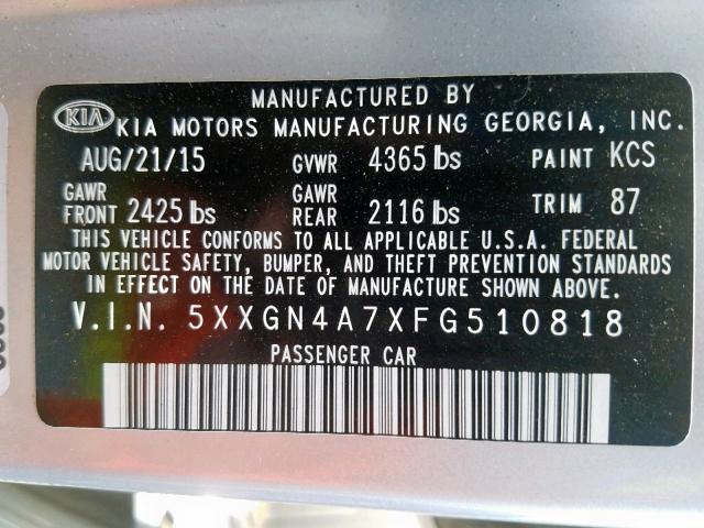 5XXGN4A7XFG510818 - 2015 KIA OPTIMA EX SILVER photo 10