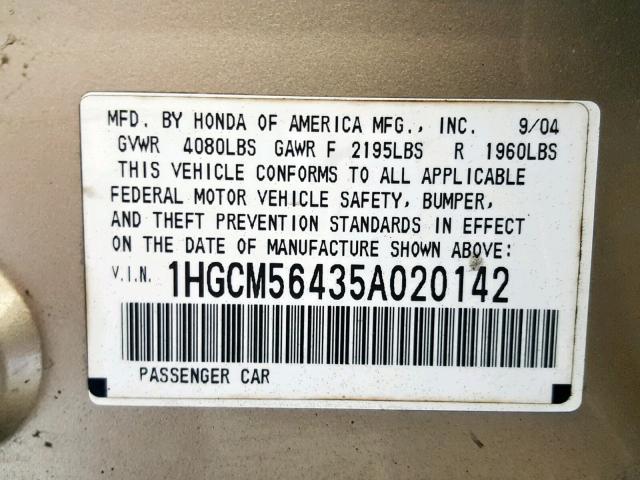 1HGCM56435A020142 - 2005 HONDA ACCORD LX GOLD photo 10