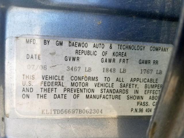 KL1TD56697B062304 - 2007 CHEVROLET AVEO BASE Көк фото 10