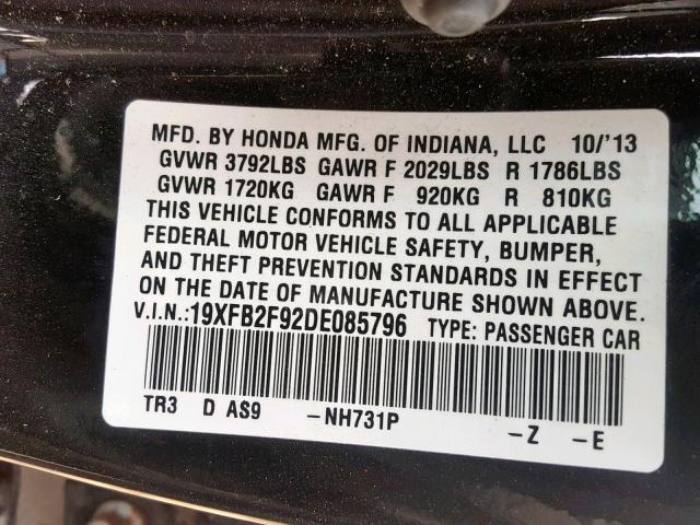 19XFB2F92DE085796 - 2013 HONDA CIVIC EXL 黑色 照片 10