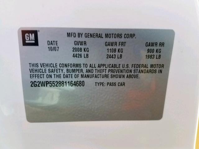 2G2WP552881164680 - 2008 PONTIAC GRAND PRIX WHITE photo 10