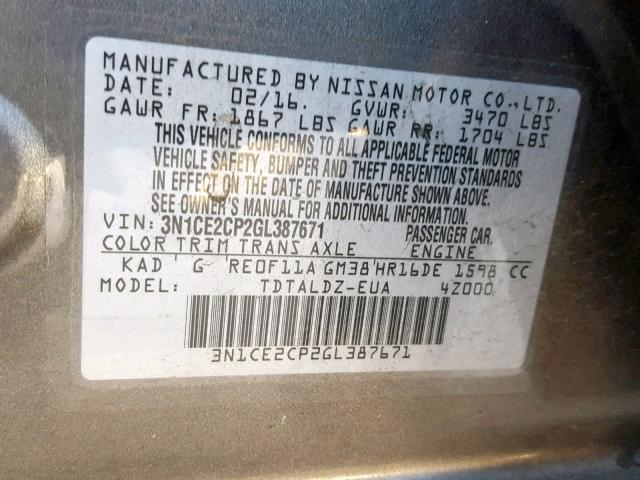 3N1CE2CP2GL387671 - 2016 NISSAN VERSA NOTE GRAY photo 10