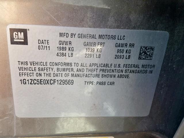 1G1ZC5E0XCF129569 - 2012 CHEVROLET MALIBU 1LT CHARCOAL photo 10