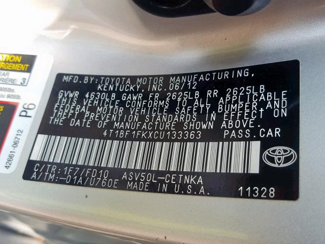 4T1BF1FKXCU133363 - 2012 TOYOTA CAMRY BASE SILVER photo 10