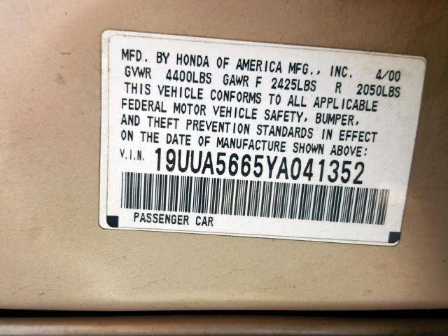 19UUA5665YA041352 - 2000 ACURA 3.2TL GOLD photo 10