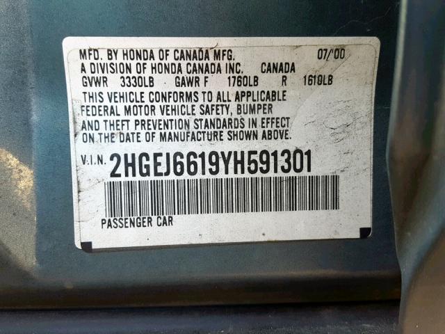 2HGEJ6619YH591301 - 2000 HONDA CIVIC BASE BLUE photo 10