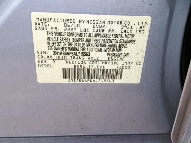 3N1AB6AP6AL715563 - 2010 NISSAN SENTRA 2.0 SILVER photo 10