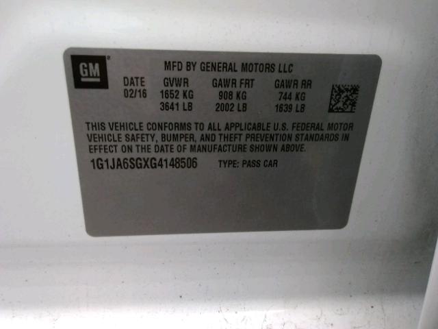 1G1JA6SGXG4148506 - 2016 CHEVROLET SONIC LS WHITE photo 10