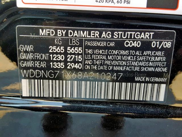 WDDNG71X68A210247 - 2008 MERCEDES-BENZ S 550 BLACK photo 10