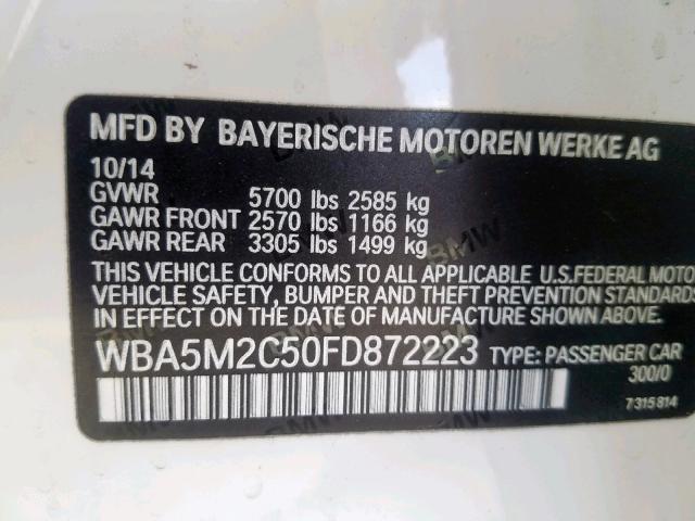 WBA5M2C50FD872223 - 2015 BMW 535 IGT WHITE photo 10