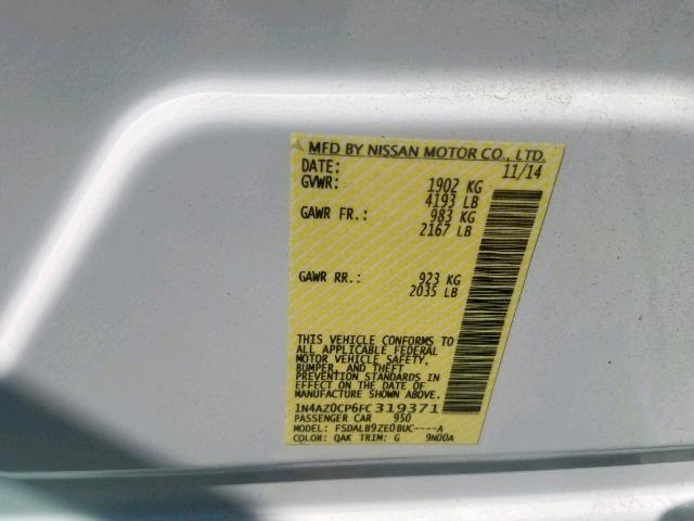 1N4AZ0CP6FC319371 - 2015 NISSAN LEAF S WHITE photo 10