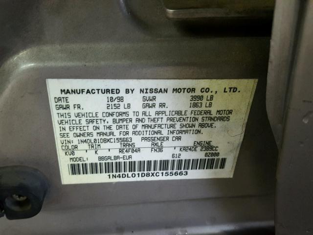 1N4DL01D8XC155663 - 1999 NISSAN ALTIMA XE SILVER photo 10