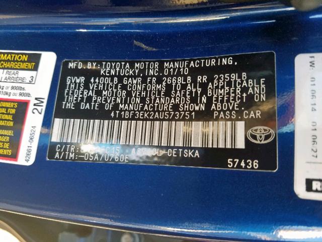 4T1BF3EK2AU573751 - 2010 TOYOTA CAMRY BASE BLUE photo 10