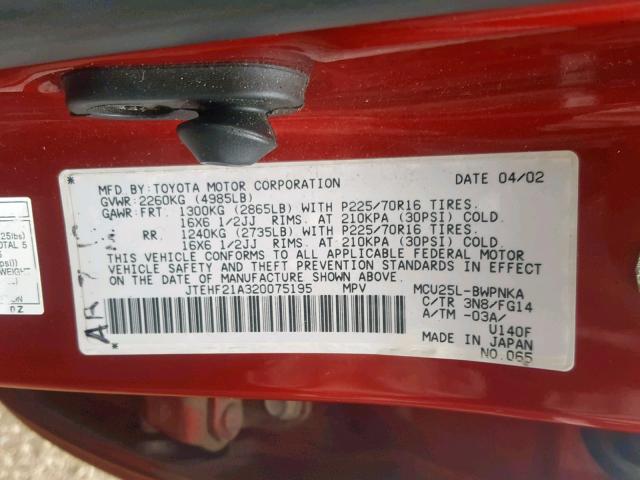 JTEHF21A320075195 - 2002 TOYOTA HIGHLANDER RED photo 10