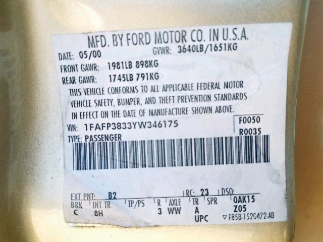 1FAFP3833YW346175 - 2000 FORD FOCUS ZTS GOLD photo 10