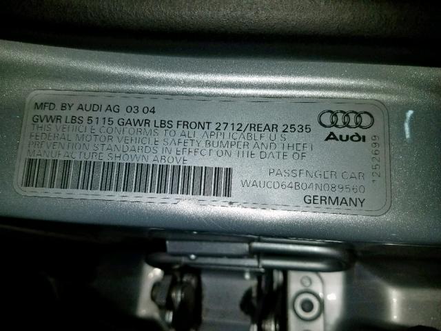 WAUCD64B04N089560 - 2004 AUDI A6 S-LINE SILVER photo 10