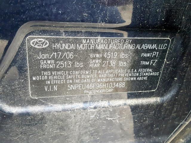 5NPEU46F96H103488 - 2006 HYUNDAI SONATA GLS BLUE photo 10