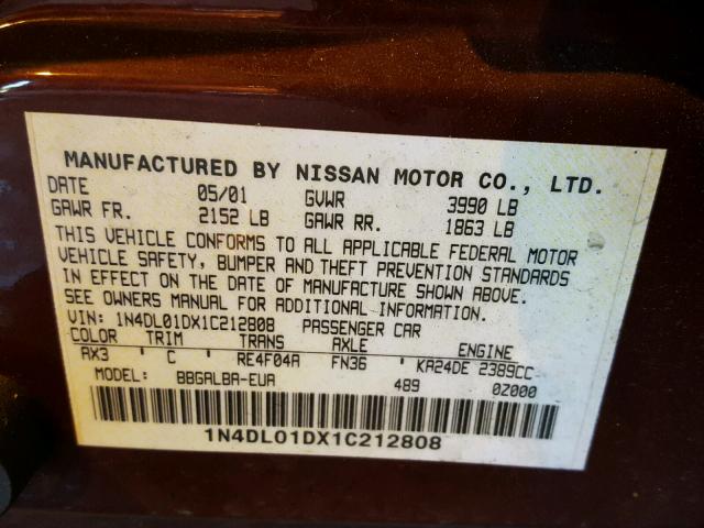 1N4DL01DX1C212808 - 2001 NISSAN ALTIMA XE MAROON photo 10