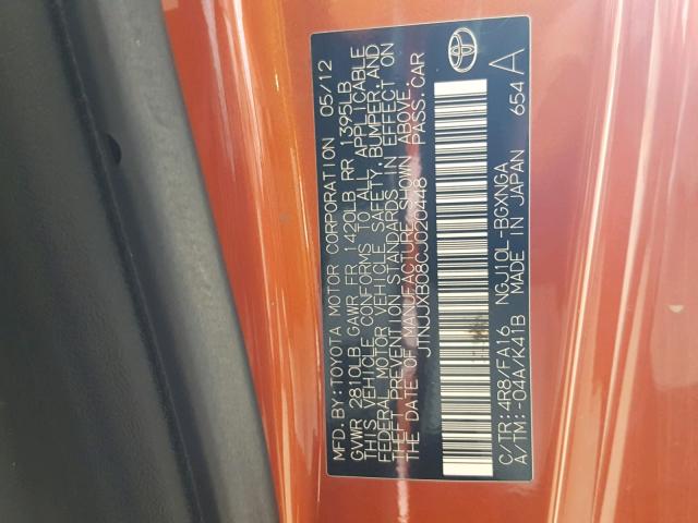 JTNJJXB08CJ020448 - 2012 TOYOTA SCION IQ ORANGE photo 10