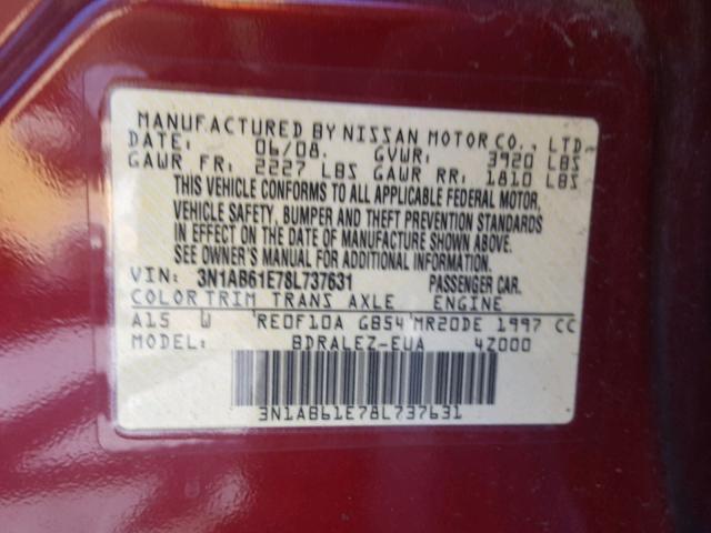 3N1AB61E78L737631 - 2008 NISSAN SENTRA 2.0 RED photo 10