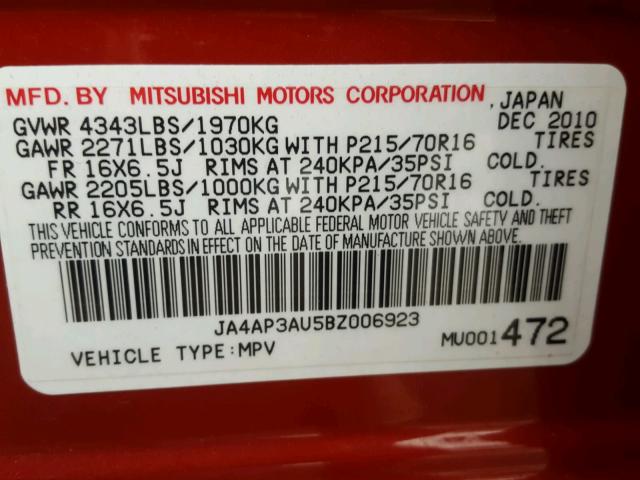 JA4AP3AU5BZ006923 - 2011 MITSUBISHI OUTLANDER RED photo 10