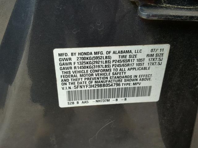 5FNYF3H29BB054796 - 2011 HONDA PILOT LX GRAY photo 10