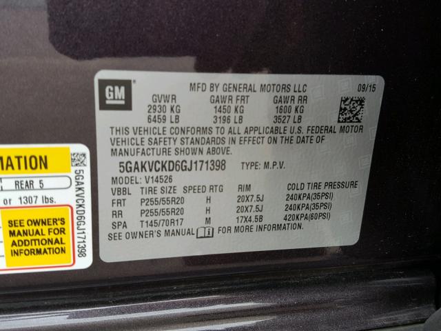 5GAKVCKD6GJ171398 - 2016 BUICK ENCLAVE PURPLE photo 10