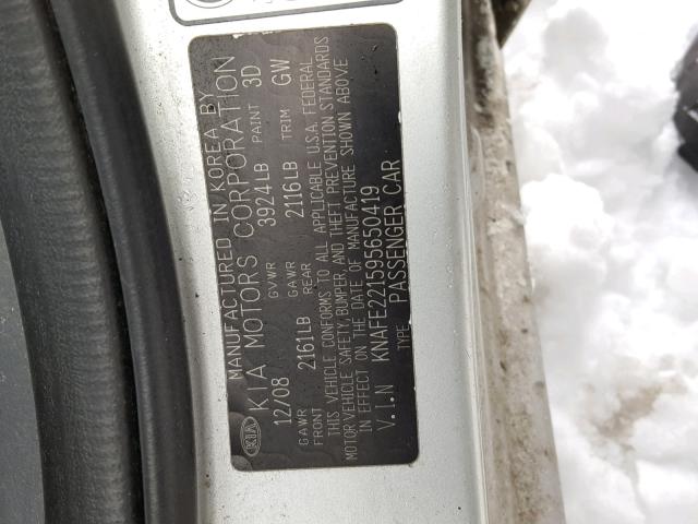 KNAFE221595650419 - 2009 KIA SPECTRA EX SILVER photo 10