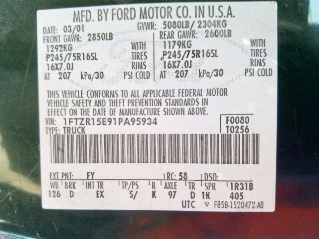 1FTZR15E91PA95934 - 2001 FORD RANGER SUP GREEN photo 10