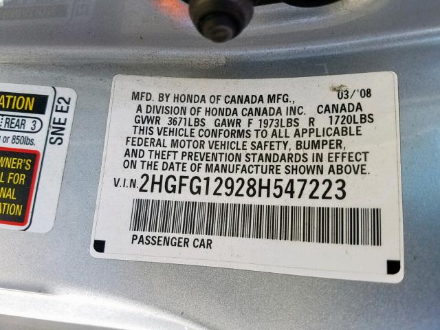 2HGFG12928H547223 - 2008 HONDA CIVIC EXL 银色 照片 10