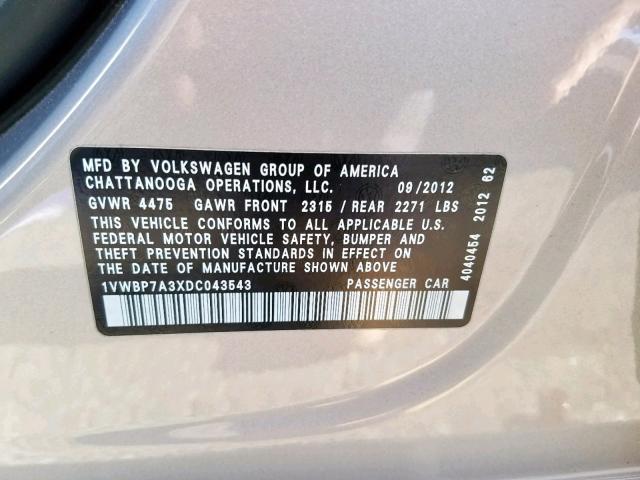 1VWBP7A3XDC043543 - 2013 VOLKSWAGEN PASSAT SE GRAY photo 10