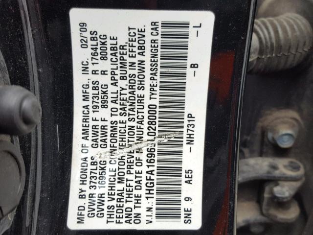 1HGFA16969L028000 - 2009 HONDA CIVIC EXL BLACK photo 10