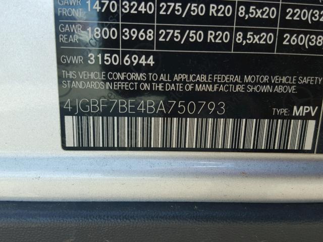 4JGBF7BE4BA750793 - 2011 MERCEDES-BENZ GL 450 4MA SILVER photo 10