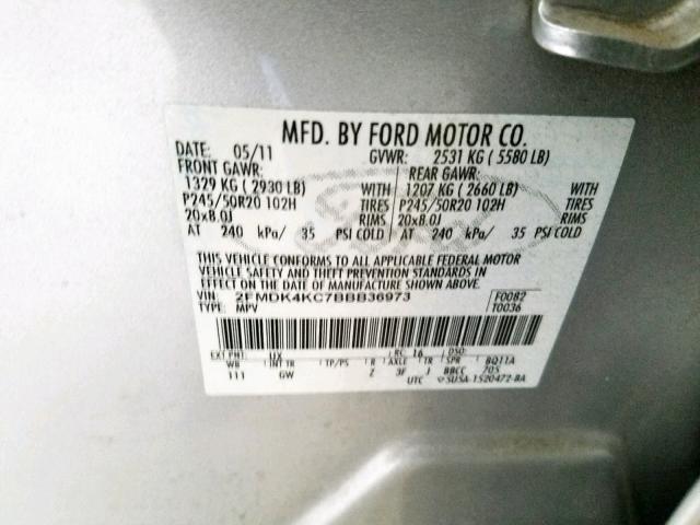 2FMDK4KC7BBB36973 - 2011 FORD EDGE LIMIT SILVER photo 10