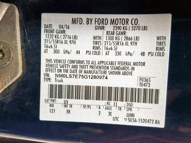 NM0LS7E75G1280974 - 2016 FORD TRANSIT CO BLUE photo 10