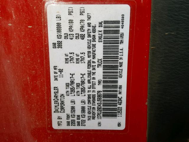 1D7KU28D43J569678 - 2003 DODGE RAM 2500 S RED photo 10