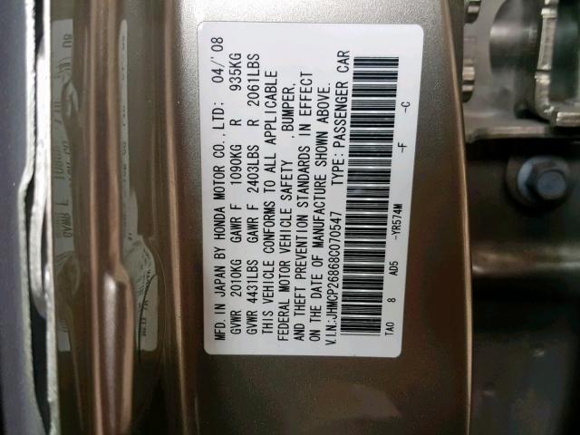 JHMCP26868C070547 - 2008 HONDA ACCORD EXL GOLD photo 10