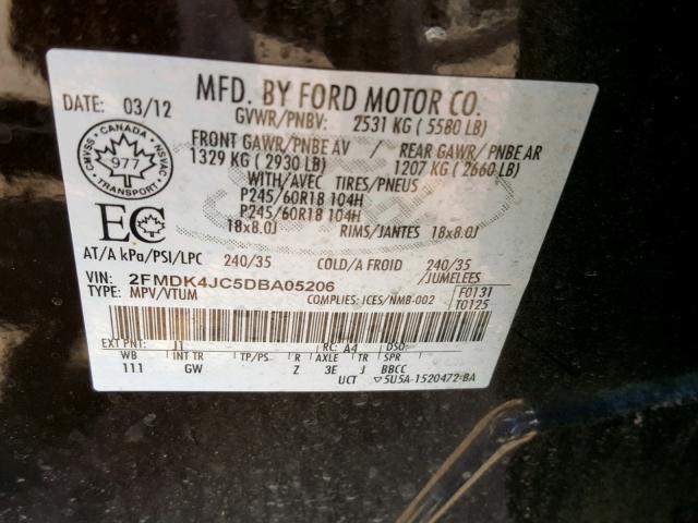 2FMDK4JC5DBA05206 - 2013 FORD EDGE SEL BLACK photo 10