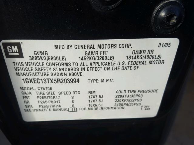 1GKEC13TX5R203994 - 2005 GMC YUKON GRAY photo 10