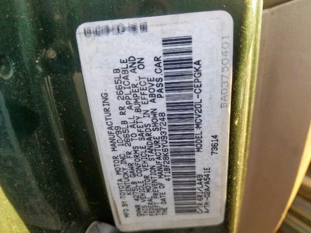 4T1BF28K6YU937248 - 2000 TOYOTA CAMRY LE GREEN photo 10