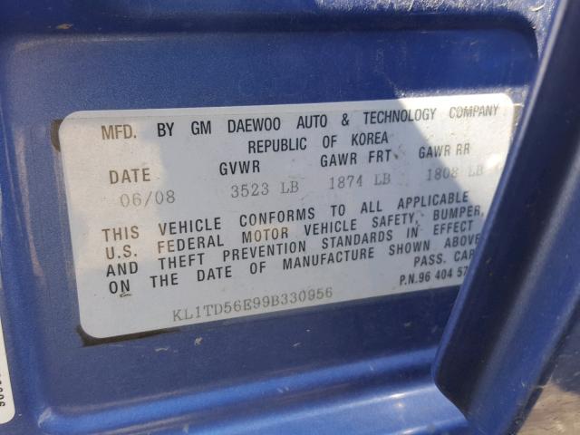 KL1TD56E99B330956 - 2009 CHEVROLET AVEO LS BLUE photo 10