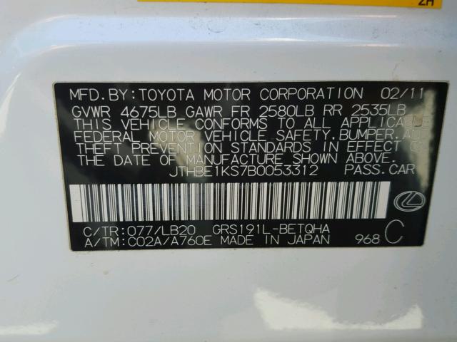 JTHBE1KS7B0053312 - 2011 LEXUS GS 350 WHITE photo 10