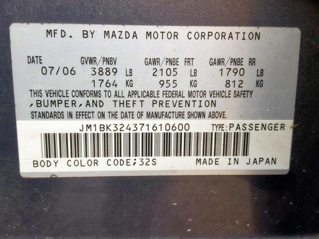 JM1BK324371610600 - 2007 MAZDA 3 S GRAY photo 10