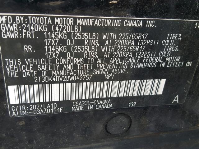 2T3DK4DV2BW042757 - 2011 TOYOTA RAV4 LIMIT BLACK photo 10