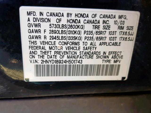 2HNYD18924H501743 - 2004 ACURA MDX TOURIN BLACK photo 10