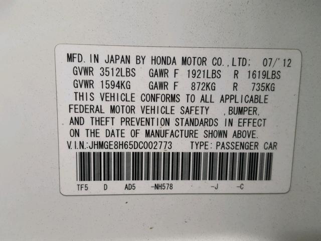 JHMGE8H65DC002773 - 2013 HONDA FIT SPORT WHITE photo 10