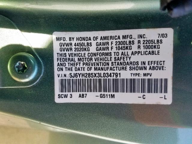 5J6YH285X3L034791 - 2003 HONDA ELEMENT EX GREEN photo 10