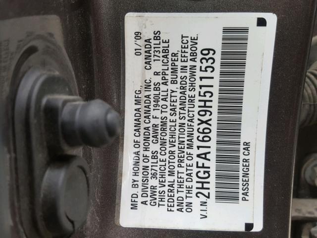 2HGFA166X9H511539 - 2009 HONDA CIVIC BROWN photo 10